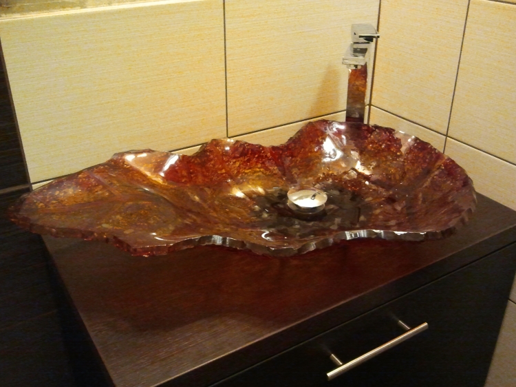 Umywalka szklana brązowa, wykonana ze szkła fusing, umywalka nablatowa, artystyczna szklana umywalka