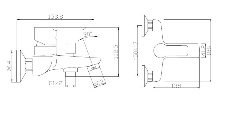 Bateria łazienkowa FASHION chrom BJC103 rysunek techniczny.png